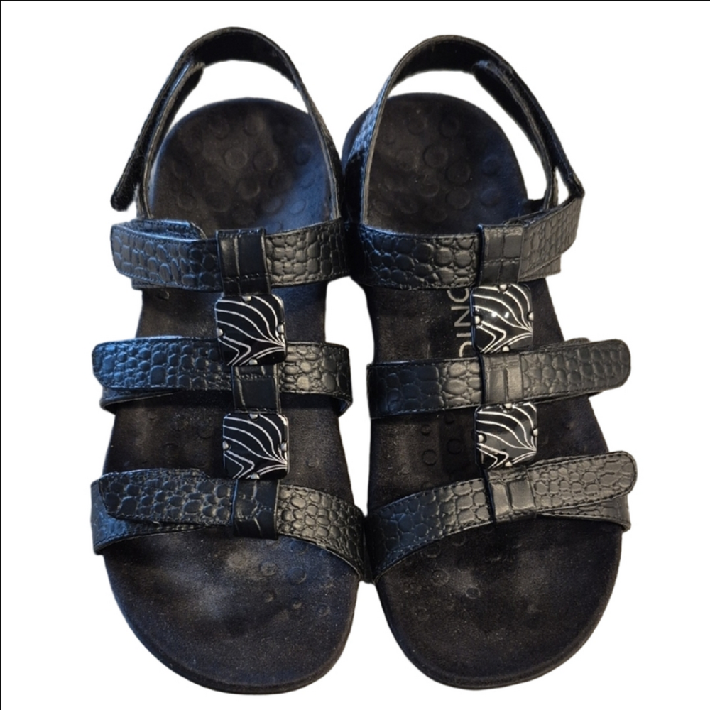 Vionic Amber Black Slingback Croc Embossed Sandals With Velcro Closure